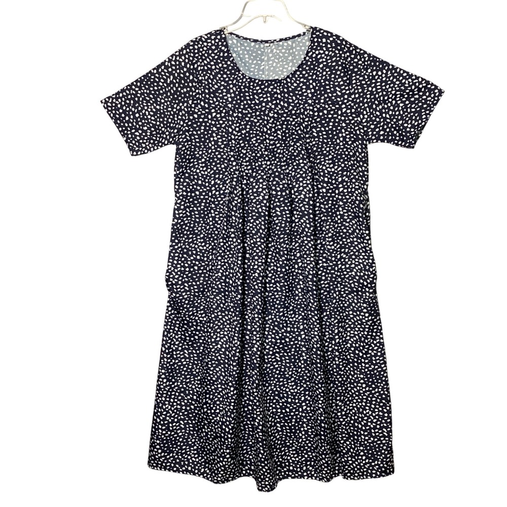 Abstract Dot Print Midi Dress Womens 2XL Navy Blue Short Sleeve Pocket
